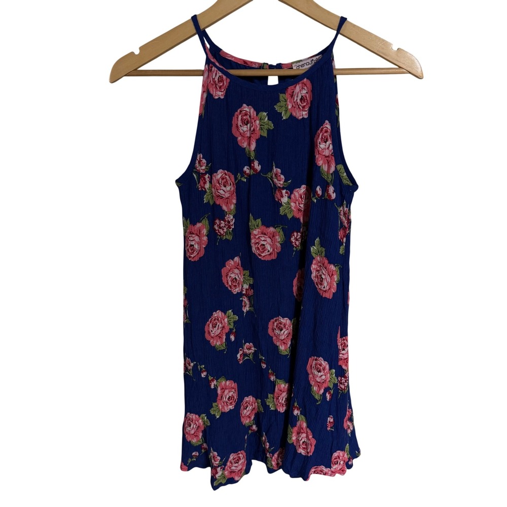 Chenault Girl Blue Pink Floral Rose Halter Top Sleeveless Blouse Size 14